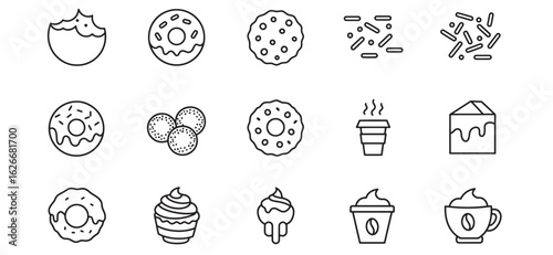 Collection of sweet treats and beverages drawn in a simple minimalist black line art style