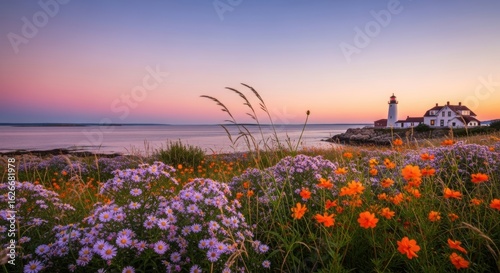 Picturesque lighthouse at sunset with vibrant flowers in the foreground
