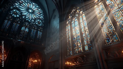 Gothic Cathedral Interior Colorful Stained Glass Windows with Sunlight Streaming Through Creating Serene Atmosphere
