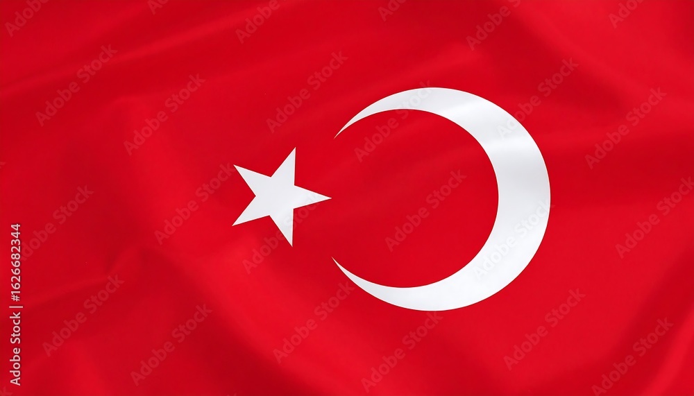 Obraz premium Turkish flag with white crescent moon and star on vivid red backdrop, centered symbolic layout