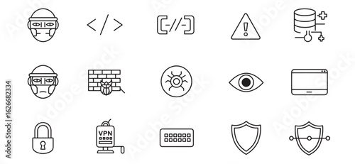 Cybersecurity and data protection icons representing network security and internet privacy
