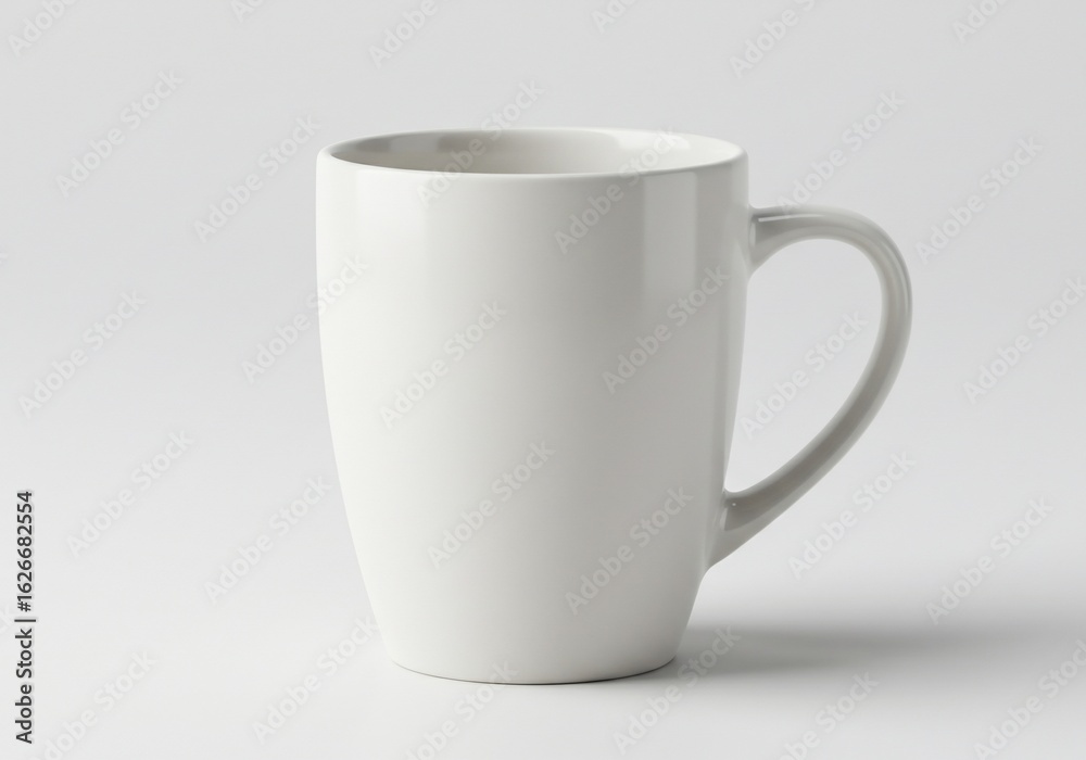 Fototapeta premium Simple white ceramic mug with curved handle on a neutral background