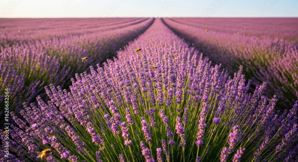 Naklejka premium Endless rows of blooming lavender stretch across a field under a clear sky