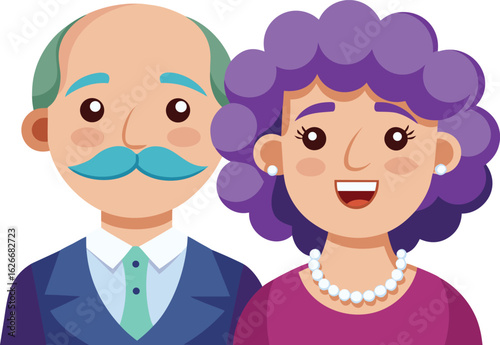 Happy elderly couple with purple hair and mustache smiling together in a friendly cartoon portrait