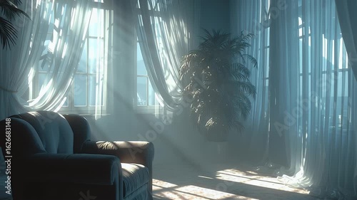 Serene Interior Cozy Armchair in Soft Morning Light with Sheer Curtains and Lush Plants