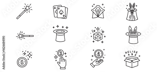 Magical icons vector set depicting magicians tools and illusion elements in minimalist style