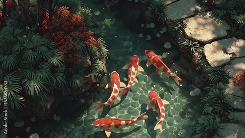 Serene Pond with Koi Fish Swimming Gracefully Amidst Lush Greenery and Vibrant Flowers, Creating Tranquil Atmosphere