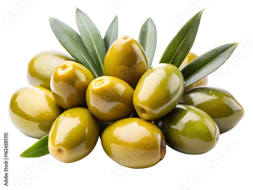 Photo of a closeup studio shot of a pile of fresh, green olives with leaves, isolated on a transparent background, showcasing their healthy, natural texture and mediterranean appeal for culinary use