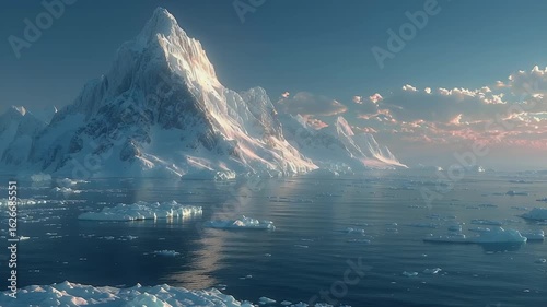 Majestic Icy Mountain and Icebergs Reflecting in Tranquil Ocean Under Serene Sky at Sunset