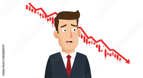 Vector of a businessman looking confused at falling stock prices – plain white background