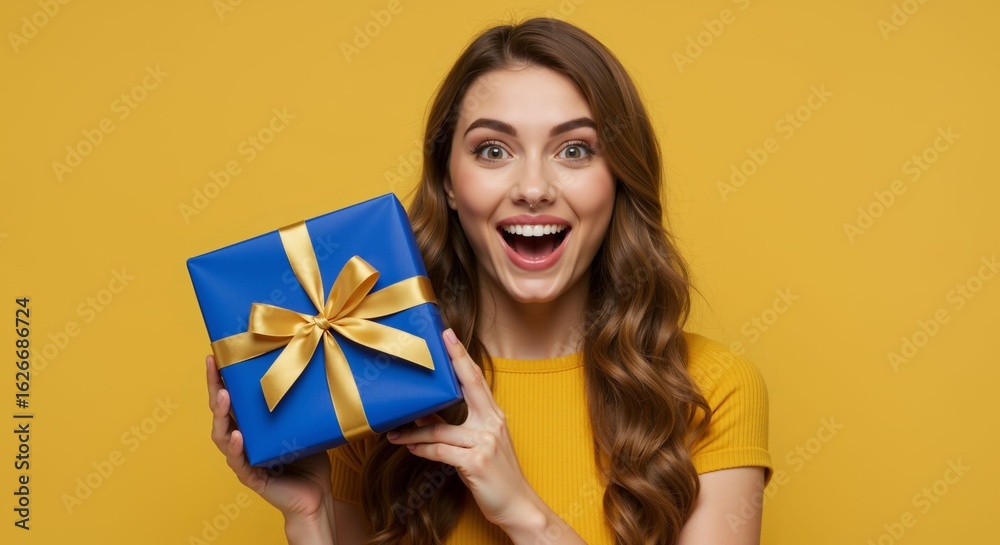 Excited woman holds a beautifully wrapped gift box with golden ribbon Excited woman holds a beautifully wrapped gift box with golden ribbon