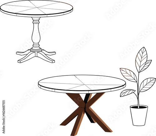 Elegant round tables, indoor plant, furniture CAD drawing, flat vector illustration, modern and classic design, home decor, interior art