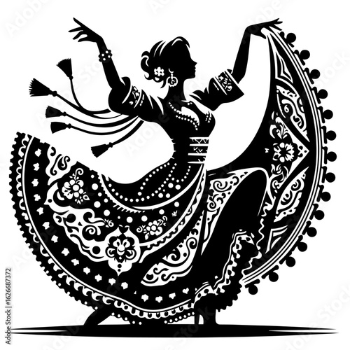 Black and white silhouette vector of a gypsy dance on white background  