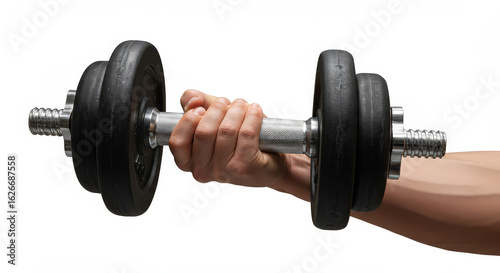 Hand holding dumbbell with weight plates on isolated white background