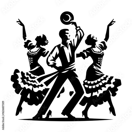 Black and white silhouette vector of a gypsy dance on white background  