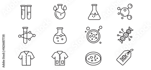 Science and medical laboratory icons including flasks test tubes dna and experiment symbols