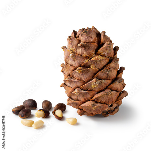 Discovering nature's treasures with a pine cone and pine nuts on a bright background, showcasing the beauty of forest bounty