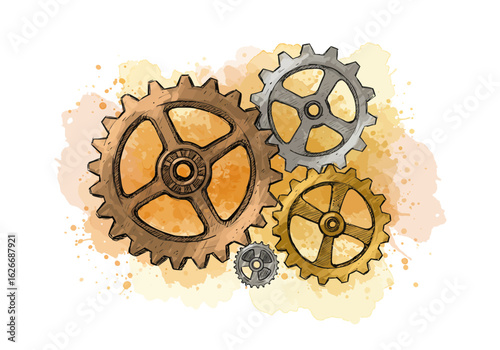 "Industrial Gear Mechanism Illustration – Artistic Engineering Cogs and Steampunk Wheels Design for Mechanical, Tech, and Creative Use"

