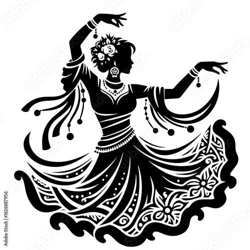 Black and white silhouette vector of a gypsy dance on white background  