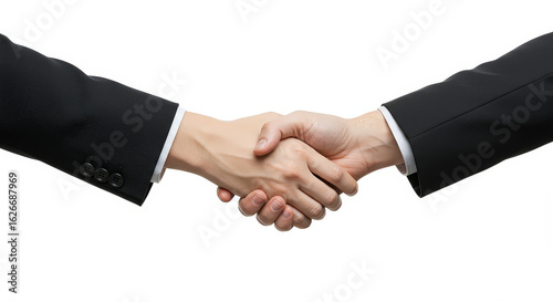 Business handshake symbolizing agreement and partnership on white background