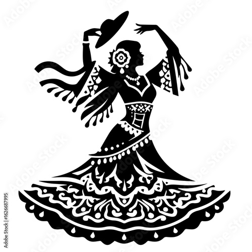 Black and white silhouette vector of a gypsy dance on white background  