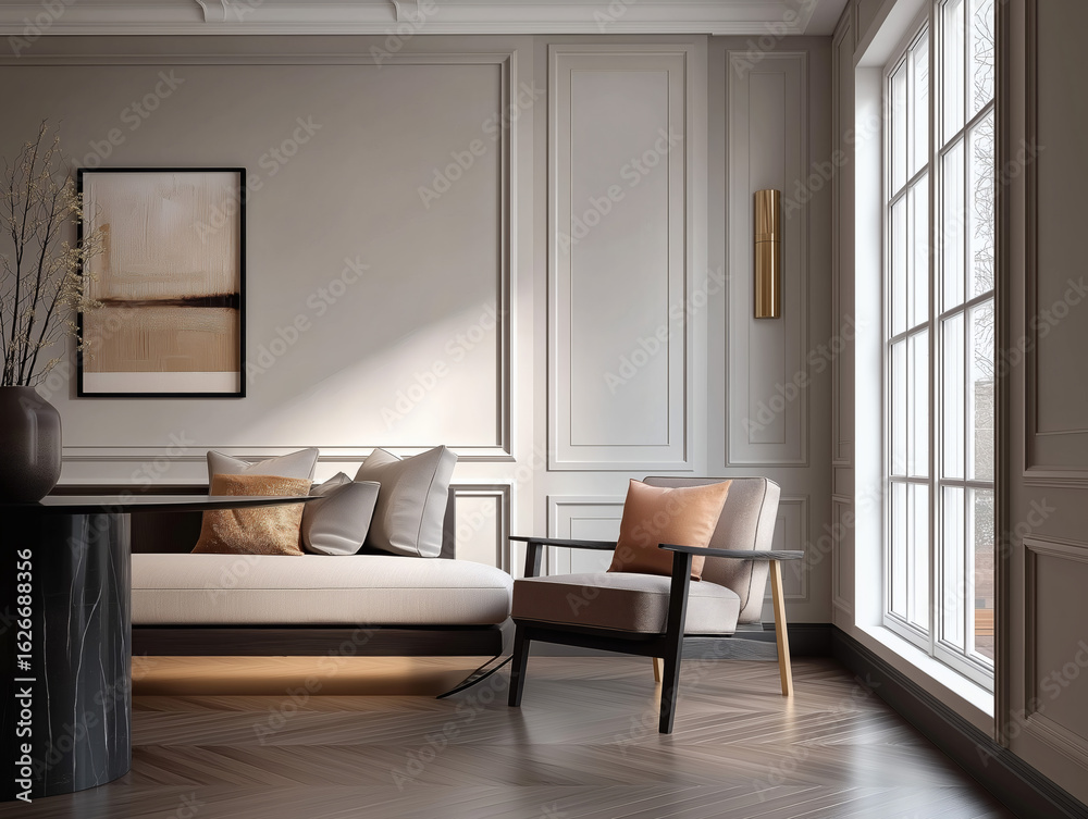 Fototapeta premium Aesthetic beautiful elegant modern luxury interior design. Clear mock up empty wall for decoration in the apartment, painting frame. Copy space in the room.