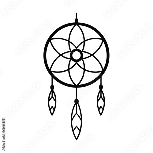 Minimalist dreamcatcher line art with feathers