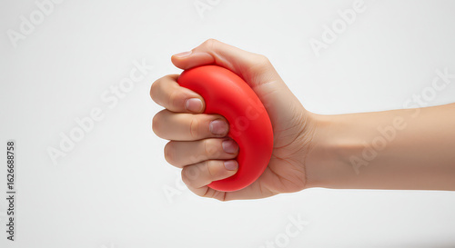 Hand squeezing red object against white background in studio setting
