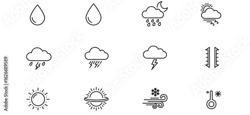 Simple and minimalistic weather icons depicting various atmospheric conditions and climates