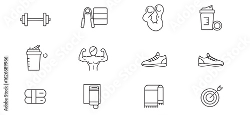 Simple black and white fitness icons representing healthy lifestyle and exercises