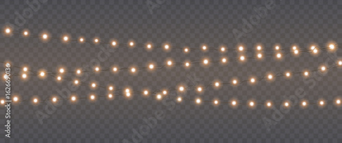 Gold Christmas garland on transparent background, new year light effect elements for banner, poster, flyer and xmas card. Horizontal yellow wires shining, led strips png, vector illustration.