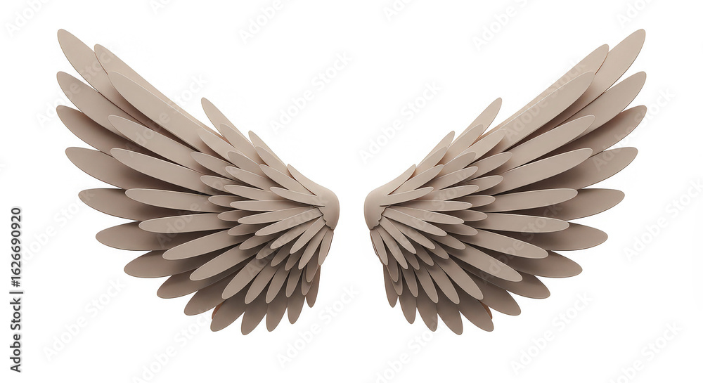 Fototapeta premium Isolated beige wings displayed on white background with layered feather detail