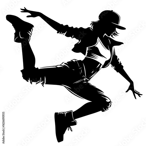 Black and white silhouette vector of a girl street style dance on white background  