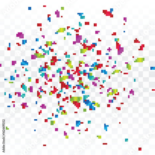 "Colorful confetti explosion vector background, featuring a bright, festive burst of square fragments. Perfect abstract pixel dust for party celebrations, birthdays, holidays, and events!"