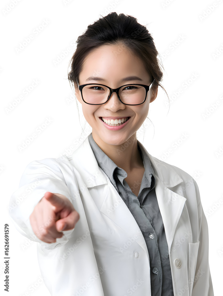 Asian woman in lab coat and glasses smiling and pointing directly at the viewer on a white background Asian woman in lab coat and glasses smiling and pointing directly at the viewer on a white background