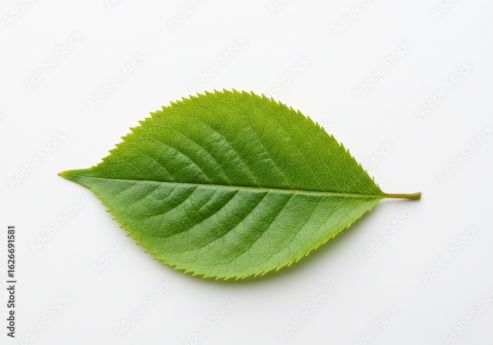 Obraz premium Vibrant green leaf with serrated edges on a clean white background, showcasing intricate vein patterns