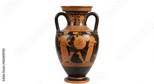 Ancient greek amphora with detailed artwork depicting historical scenes