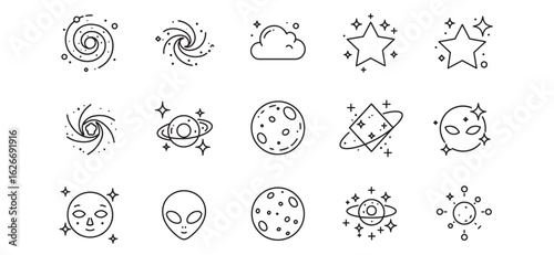 Simple line art illustrations of space objects including galaxies stars and planets