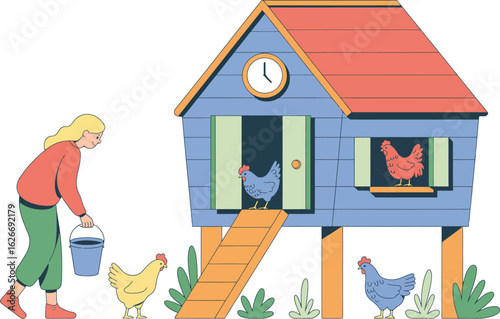 Colorful chicken coop with woman watering hen isolated on white. Hand drawn vector illustration. Bright, organic design for local farm, urban homesteading, fresh food, and countryside life.

