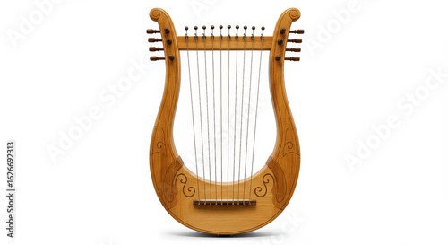 Detailed wooden lyre instrument isolated on white background