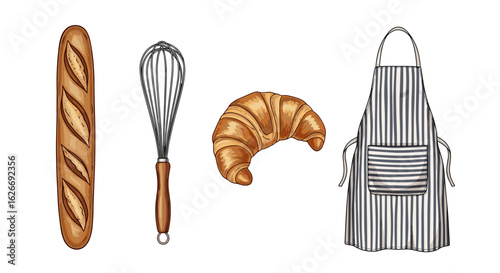 Illustration of a baguette, whisk, croissant, and striped apron on white background