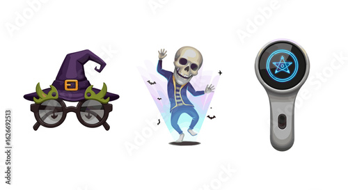 Cartoon of a witch hat, skeleton, and magic wand on a white background