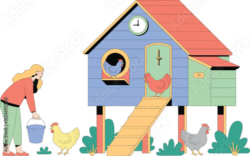 Colorful chicken coop with woman watering hen isolated on white. Hand drawn vector illustration. Bright, organic design for local farm, urban homesteading, fresh food, and countryside life.

