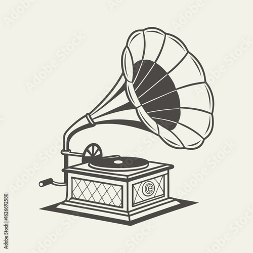 Vintage gramophone with vinyl record isolated on a white background for retro music design