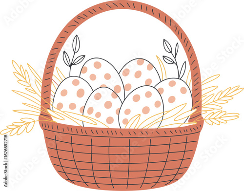 Easter wicker basket. Straw basket with painted decorative eggs, gift ribbon bow, colorful egg. Vector illustration for posters, cards, invitations 