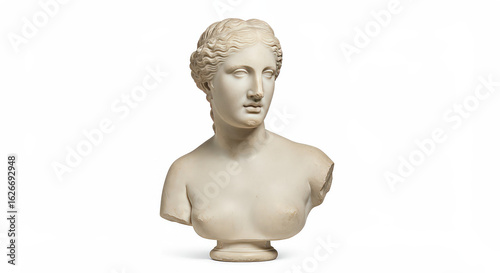 Classical marble bust of a woman on white background