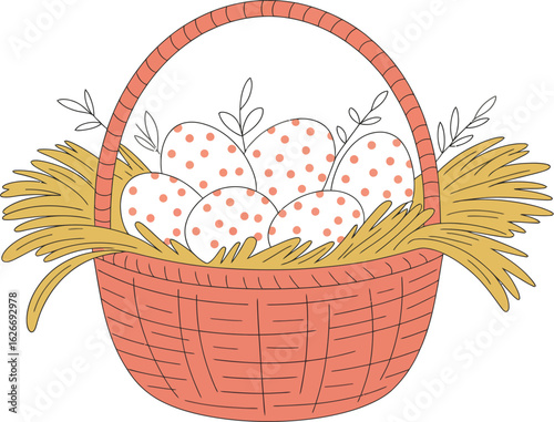 Easter wicker basket. Straw basket with painted decorative eggs, gift ribbon bow, colorful egg. Vector illustration for posters, cards, invitations 