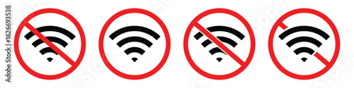 No Wi-Fi and Wireless Signal Icons – No Internet Access, Prohibited Connection, and Network Error Vector Set
