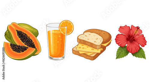 Still life composition featuring papaya juice sandwich and hibiscus flower