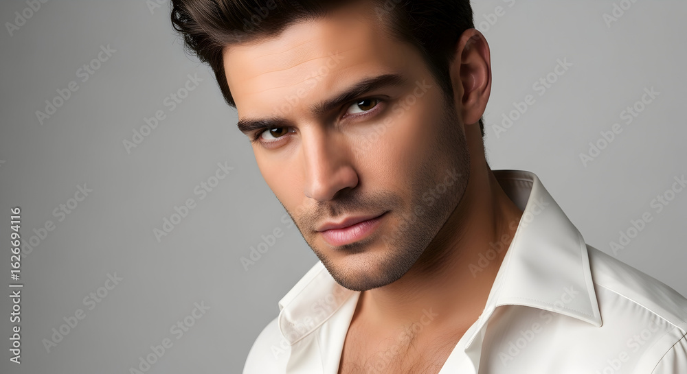 Obraz premium Handsome man portrait intense gaze confident expression stylish hair white shirt model male beauty grooming skincare fashion